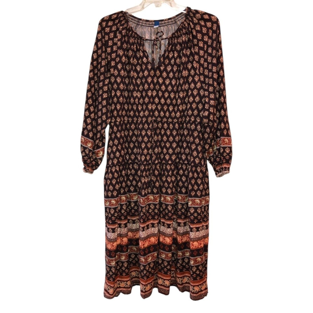 Old Navy Women Large Brown Floral Waist Defined Tiered Midi Peasant Dress Size L